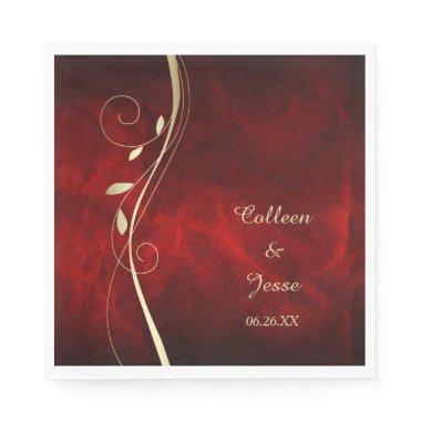 Gold Leaf Swirl Deep Red Wedding Napkins