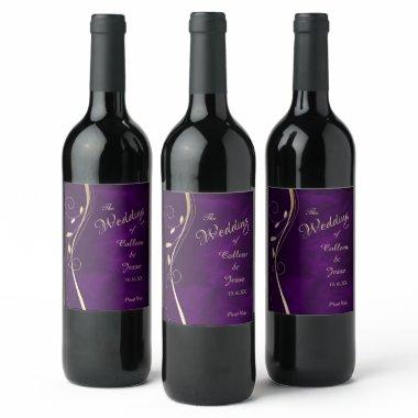 Gold Leaf Swirl Purple Wedding Wine Label