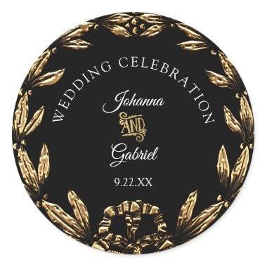 Gold Leaf Wreath Black Elegant Wedding Typography Classic Round Sticker