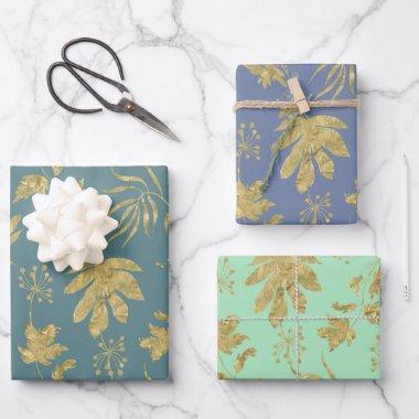 Gold Leaves Blue Green Spring Bridal Shower Wrapping Paper Sheets