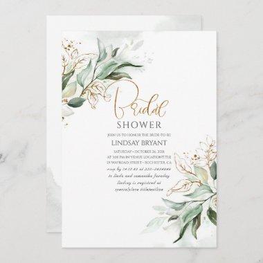 Gold Leaves Greenery Romantic Cute Bridal Shower Invitations