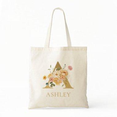 Gold Letter A Monogram Floral Watercolor Tote Bag