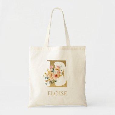 Gold Letter E Monogram Floral Watercolor Tote Bag