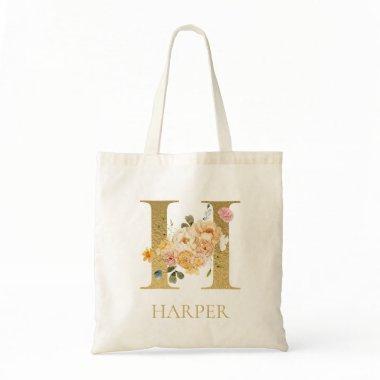 Gold Letter H Monogram Floral Watercolor Tote Bag