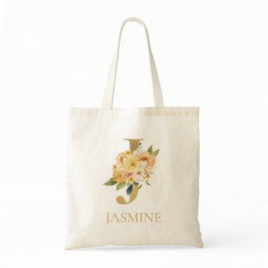 Gold Letter J Monogram Floral Watercolor Tote Bag