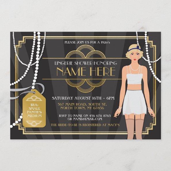 Gold Lingerie Bridal Shower 1920s Pearl Invitations