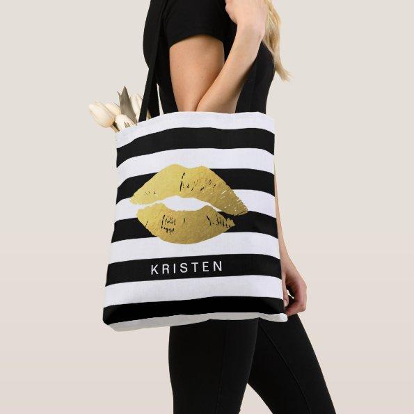 Gold Lips with Classic Black White Stripes Tote Bag