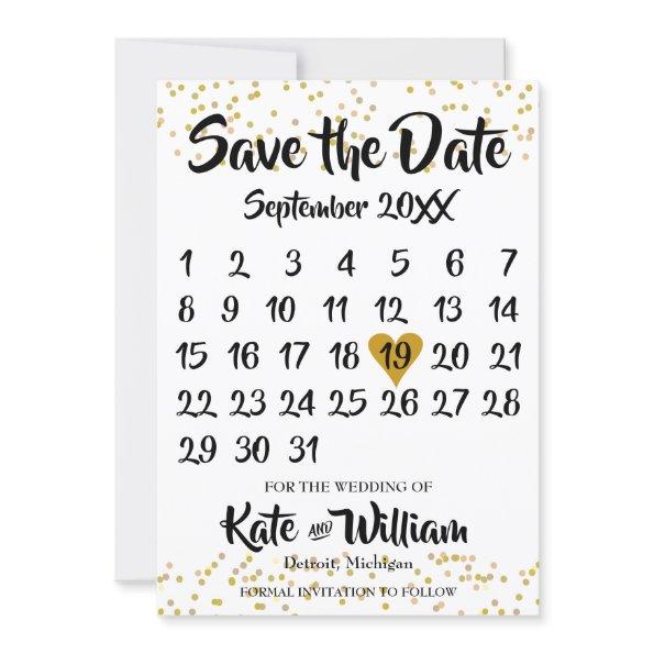 Gold Love Heart Calendar Save the Date