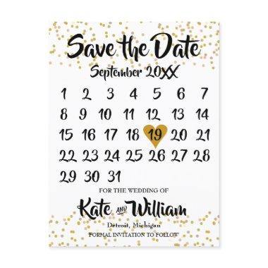 Gold Love Heart Calendar Save the Date Announcement PostInvitations