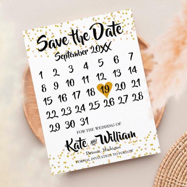 Gold Love Heart Calendar Save the Date Announcement PostInvitations