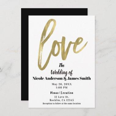 Gold LOVE Modern Brush Script Wedding Invitations