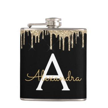 Gold Luxury Glitter Glam Monogram Name Flask