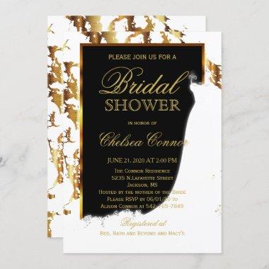 Gold Marble, Black and White Bridal Shower Invitations