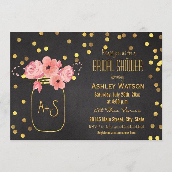 Gold Mason Jar Confetti Chalkboard Bridal Shower Invitations