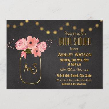 Gold Mason Jar Lights Chalkboard Bridal Shower Invitations