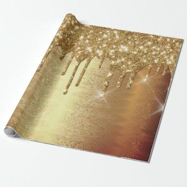 Gold Metal Spark Drips Glitter Bridal Wedding Wrapping Paper