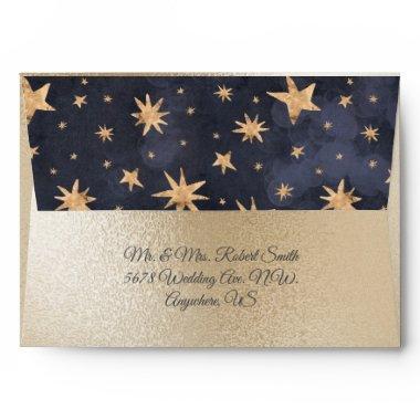 Gold Metallic Blue Fairy Light Stars Wedding Envelope