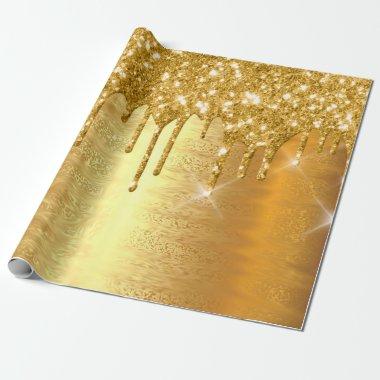 Gold Metallic Sparkly Drips Glitter Bridal Wedding Wrapping Paper
