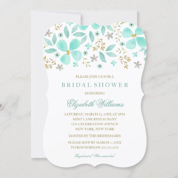 Gold Mint Floral Leaf Bridal Shower Invitations