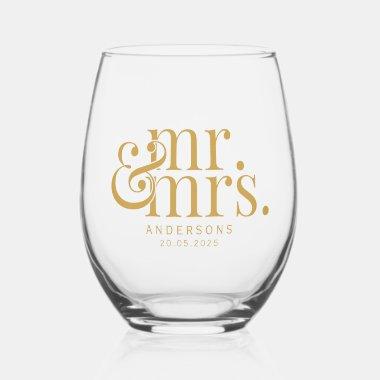 Gold Modern Calligraphy Mr. and Mrs. Wedding Stemless Wine Glass