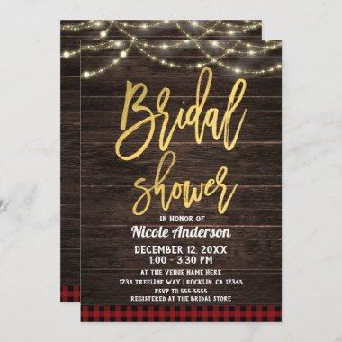 Gold Modern Script Rustic Wood Plaid Bridal Shower Invitations
