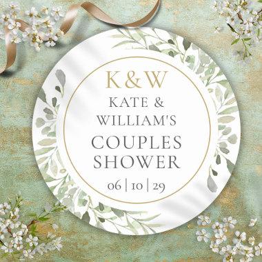 Gold Monogram Greenery Couples  Classic Round Sticker