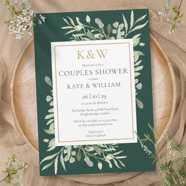 Gold Monogram Greenery Emerald Couples Shower Invitations
