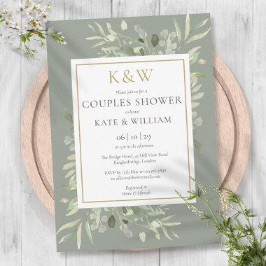 Gold Monogram Greenery Sage Green Couples Shower Invitations
