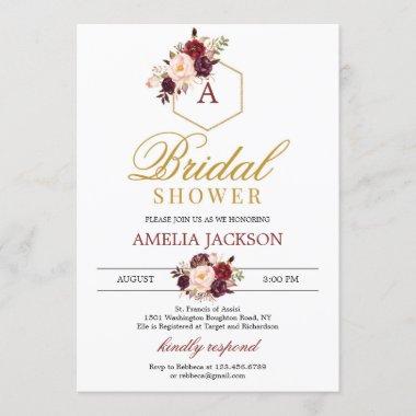 Gold monogram marsala floral bridal shower Invitations