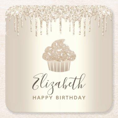 Gold monogram name cupcake glitter drips script square paper coaster