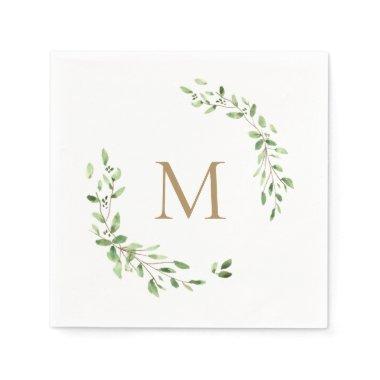 Gold Monogram Wedding Green leaves Crest Napkins