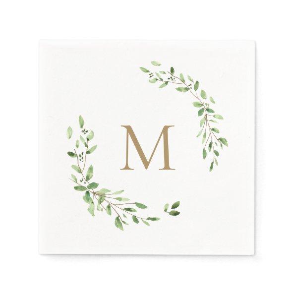 Gold Monogram Wedding Green leaves Crest Napkins