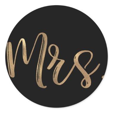 Gold MRS. Typography Wedding  Black Classic Round Sticker