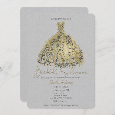 Gold & Natural Grey Botanical Dress Bridal Shower Invitations