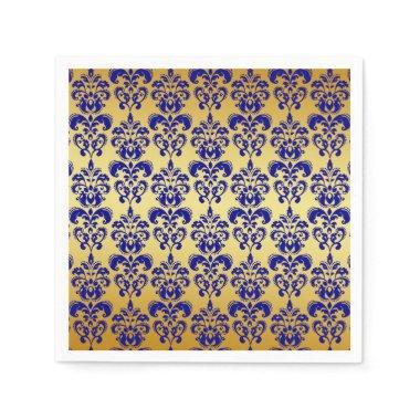 Gold, Navy Blue Damask Pattern 2 Paper Napkins