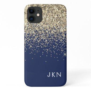 Gold Navy Blue Girly Glitter Sparkle Monogram Name iPhone 11 Case