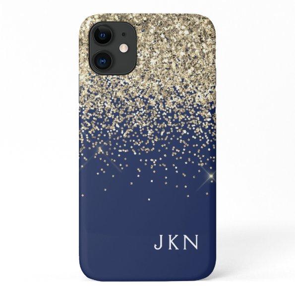 Gold Navy Blue Girly Glitter Sparkle Monogram Name iPhone 11 Case