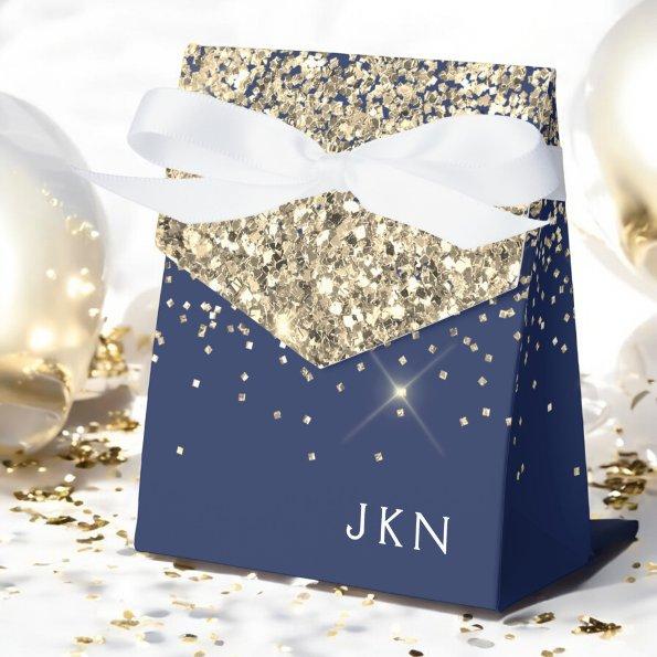 Gold Navy Blue Girly Glitter Sparkle Monogram Name Favor Boxes