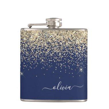 Gold Navy Blue Girly Glitter Sparkle Monogram Name Flask