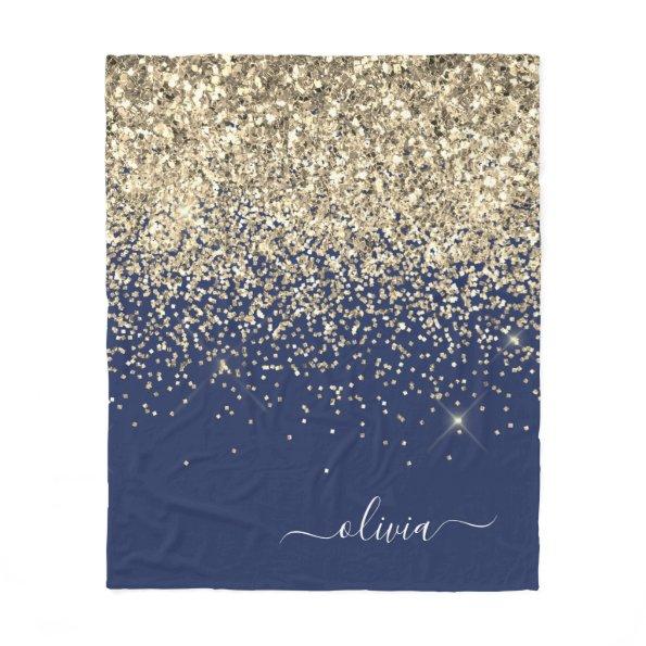 Gold Navy Blue Girly Glitter Sparkle Monogram Name Fleece Blanket