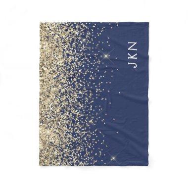 Gold Navy Blue Girly Glitter Sparkle Monogram Name Fleece Blanket