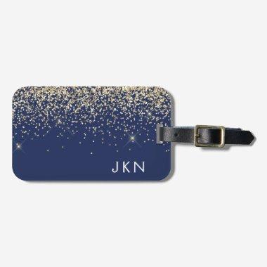Gold Navy Blue Girly Glitter Sparkle Monogram Name Luggage Tag