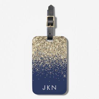 Gold Navy Blue Girly Glitter Sparkle Monogram Name Luggage Tag