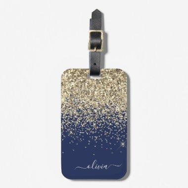 Gold Navy Blue Girly Glitter Sparkle Monogram Name Luggage Tag