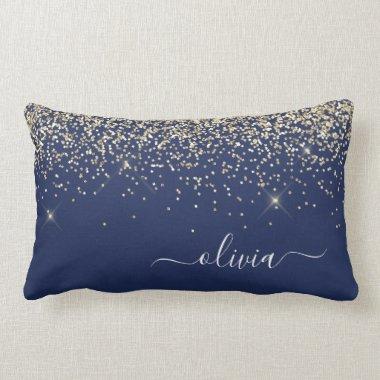Gold Navy Blue Girly Glitter Sparkle Monogram Name Lumbar Pillow