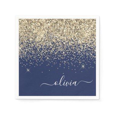 Gold Navy Blue Girly Glitter Sparkle Monogram Name Napkins