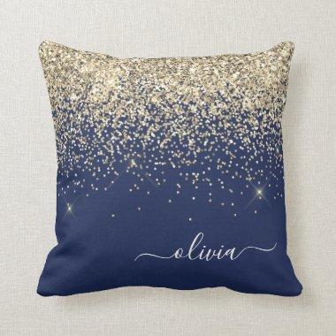 Gold Navy Blue Girly Glitter Sparkle Monogram Name Throw Pillow