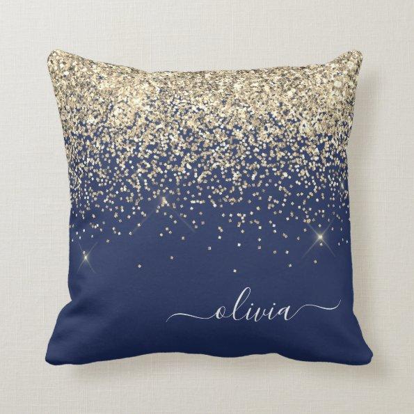 Gold Navy Blue Girly Glitter Sparkle Monogram Name Throw Pillow