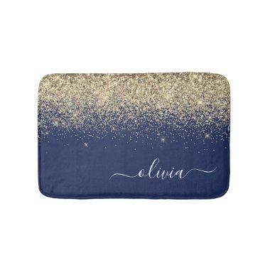 Gold Navy Blue Glitter Script Monogram Girly Name Bath Mat