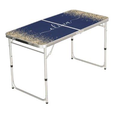 Gold Navy Blue Glitter Script Monogram Girly Name Beer Pong Table
